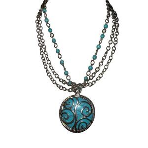 Multilayer Necklace Silver Scroll Turquoise Pendant Chain Strand Jewelry